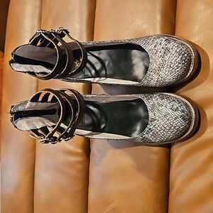 Snake skin leather, heeled ankle strap sandals